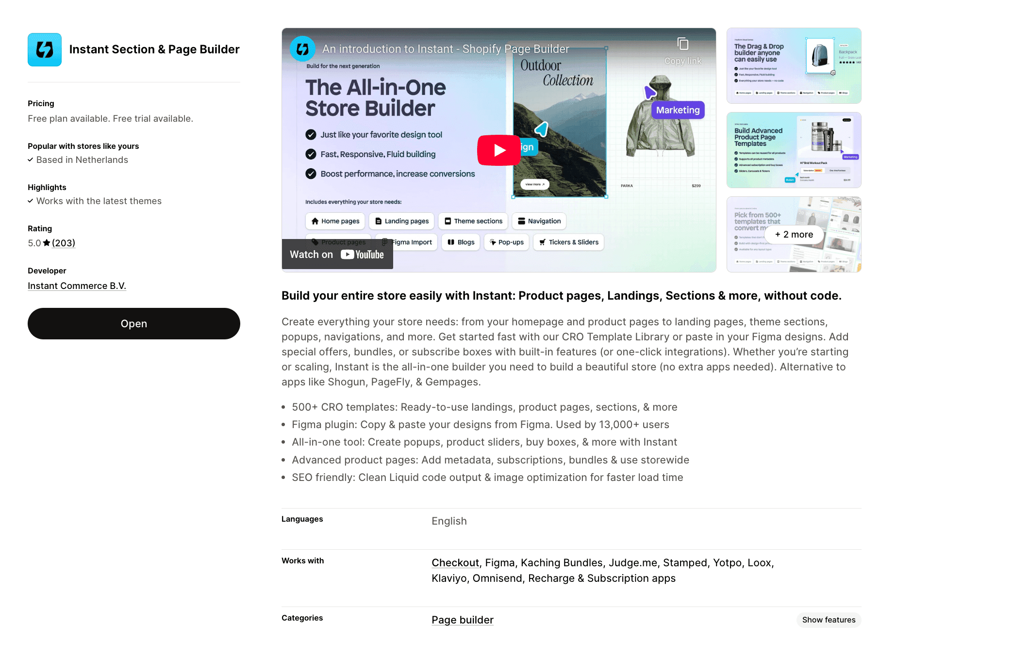 Instant section and page builder Shopify app