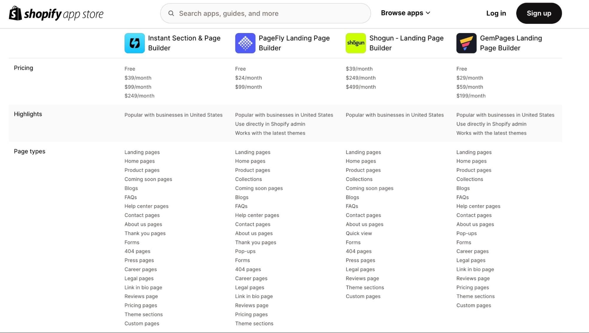 How does Instant Page Builder compare to PageFly, Shogun, and GemPages?