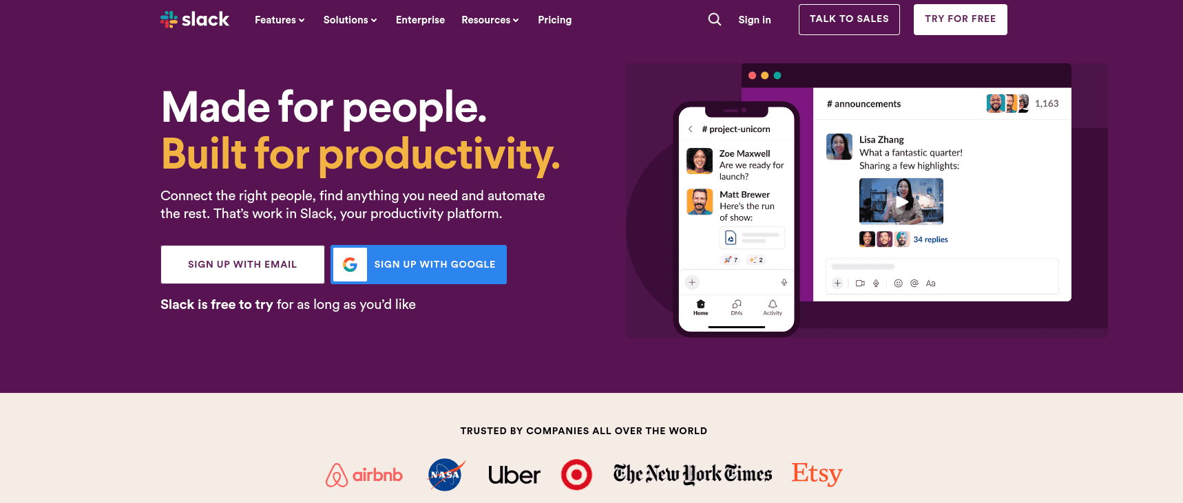 slack sales page