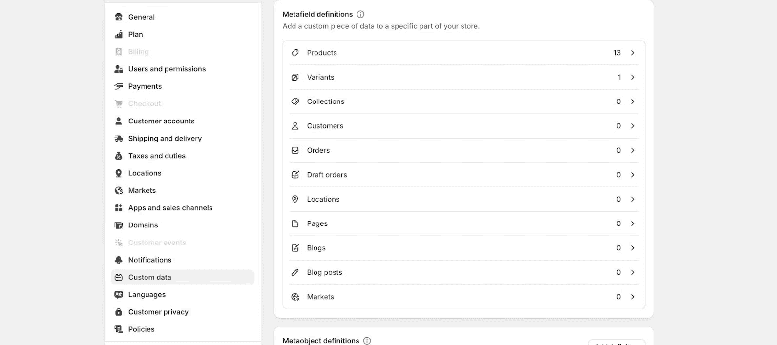 shopify admin custom data interface